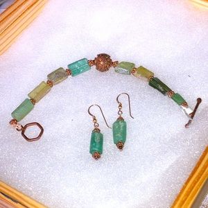 Artisan-Crafted Copper and 7” Vintage Green Stone Bracelet + Pierced Earring SET
